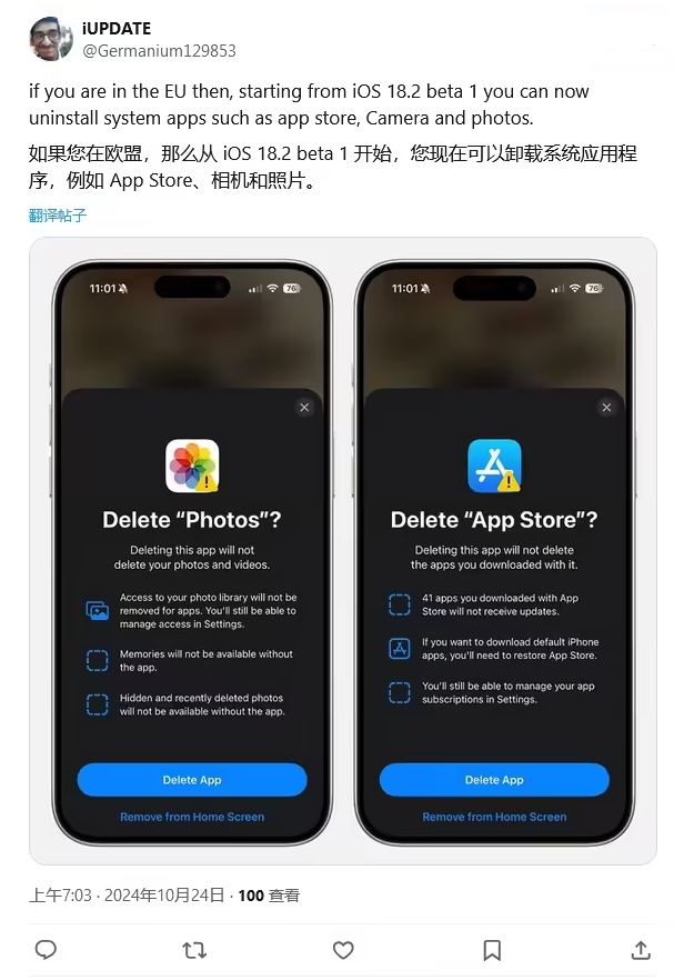 丘北苹果手机维修分享iOS 18.2 支持删除 App Store 应用商店 