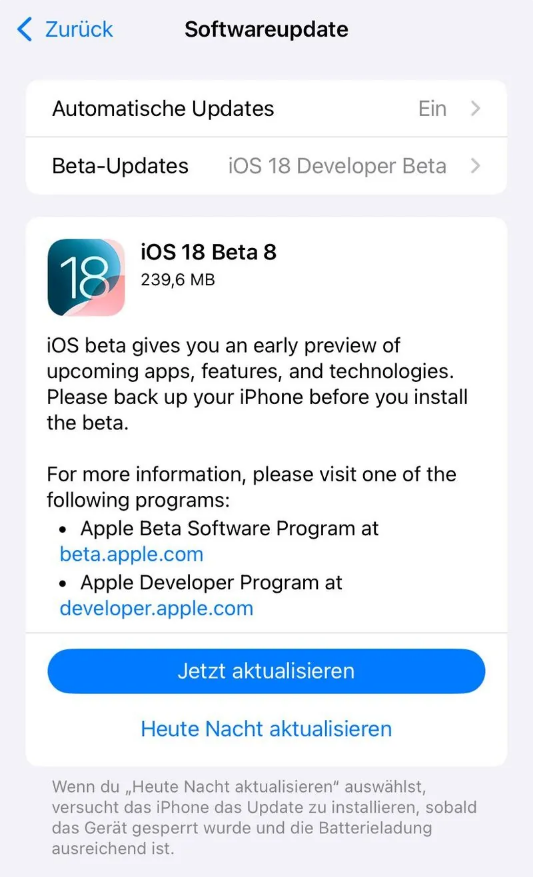 丘北苹果手机维修分享苹果 iOS / iPadOS 18 开发者预览版 Beta 8 发布 